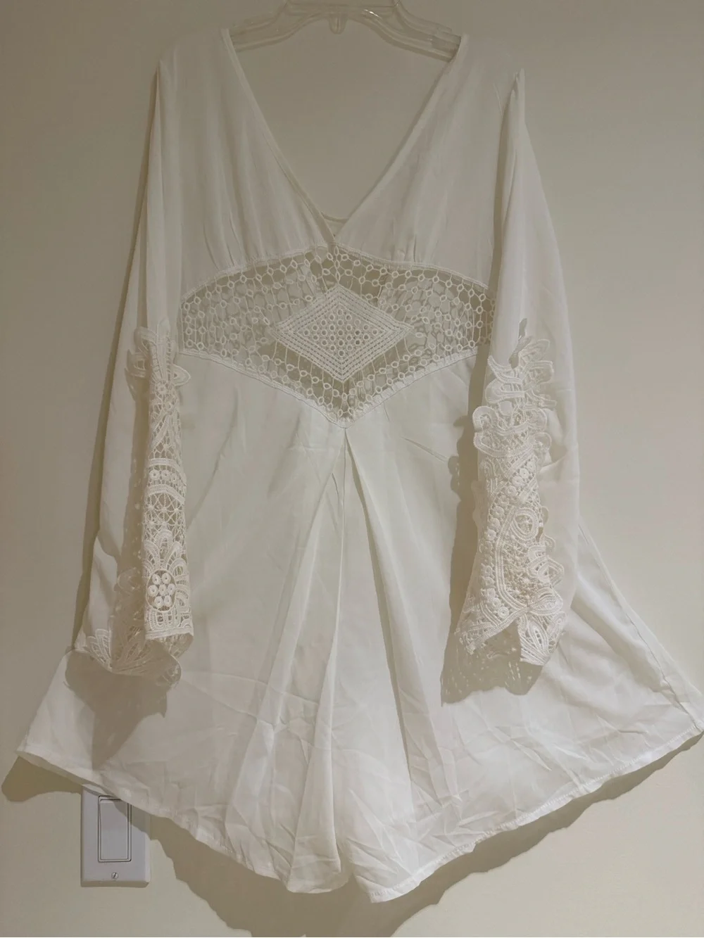 NEW-White Crochet-Trim V-Neck Swim Romper Coverup